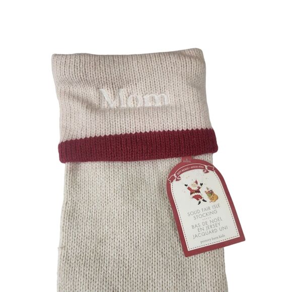 NWT POTTERY BARN NATURAL FAIR ISLE WOOL WHITE RED STOCKING MOM EMBROIDERED LINED - Picture 4 of 5